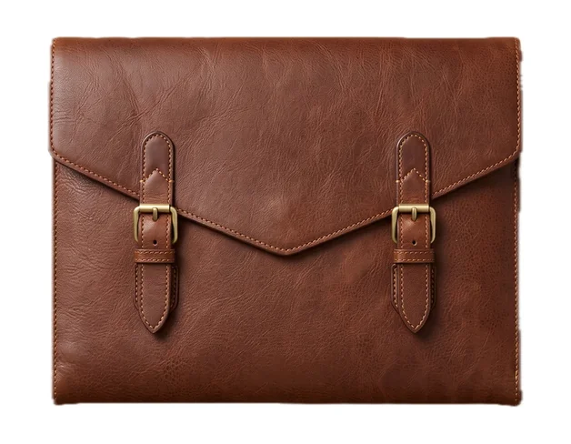 Brown leather folder with brass buckle straps